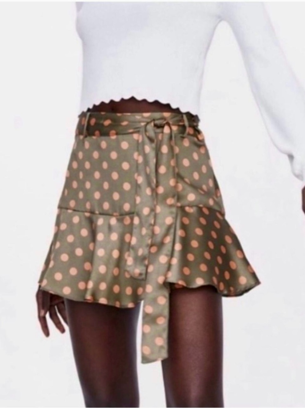 Olive Green Mini Skort with Peach Polka Dots